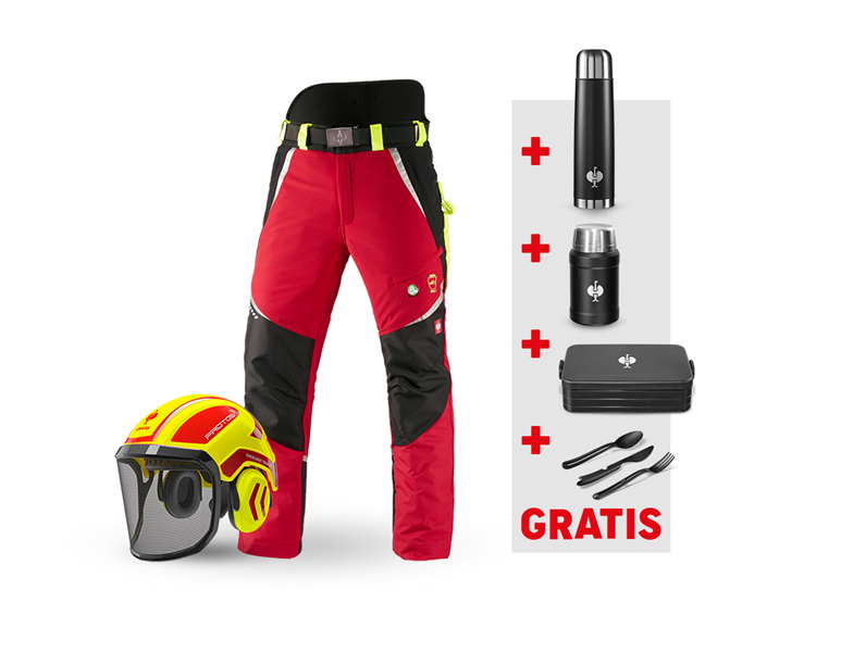 Hauptansicht, Artikelsuche, SET: e.s. Forst-Schnittschutz Bundhose KWF + Helm, rot/warngelb