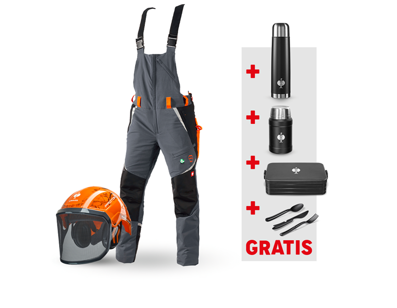 Hauptansicht, Artikelsuche, SET: e.s. Forst-Schnittschutz Latzhose KWF + Helm, grau/warnorange