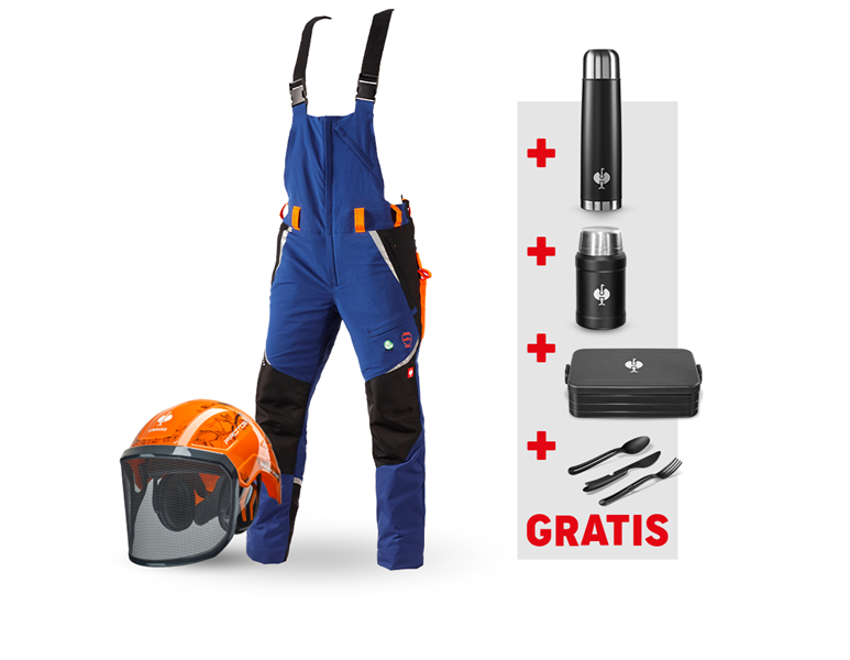 Hauptansicht, SALE, SET: e.s. Forst-Schnittschutz Latzhose KWF + Helm, kornblau/warnorange