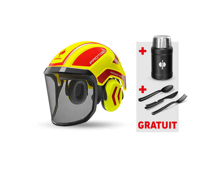 Vue principale, Sécurité au travail, e.s.Casque de forest. Protos®+boîte à repas+couve., jaune fluo/rouge vif