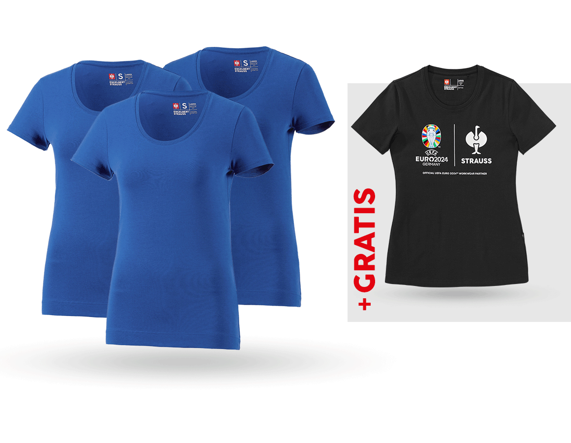 Kleding: SET: 3x dames-T-shirt cotton stretch + shirt + gentiaanblauw