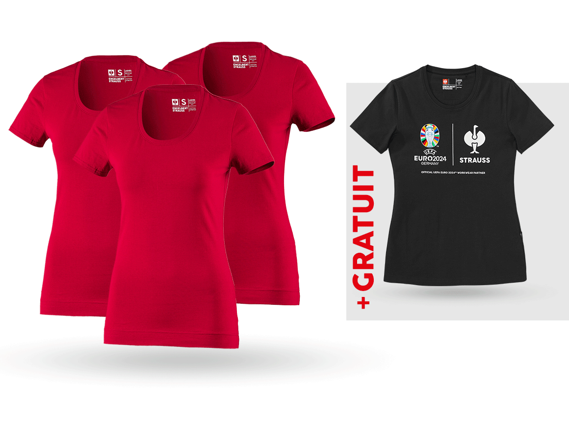 Vêtements: KIT : 3x T-shirt cotton stretch, femmes + shirt + rouge vif