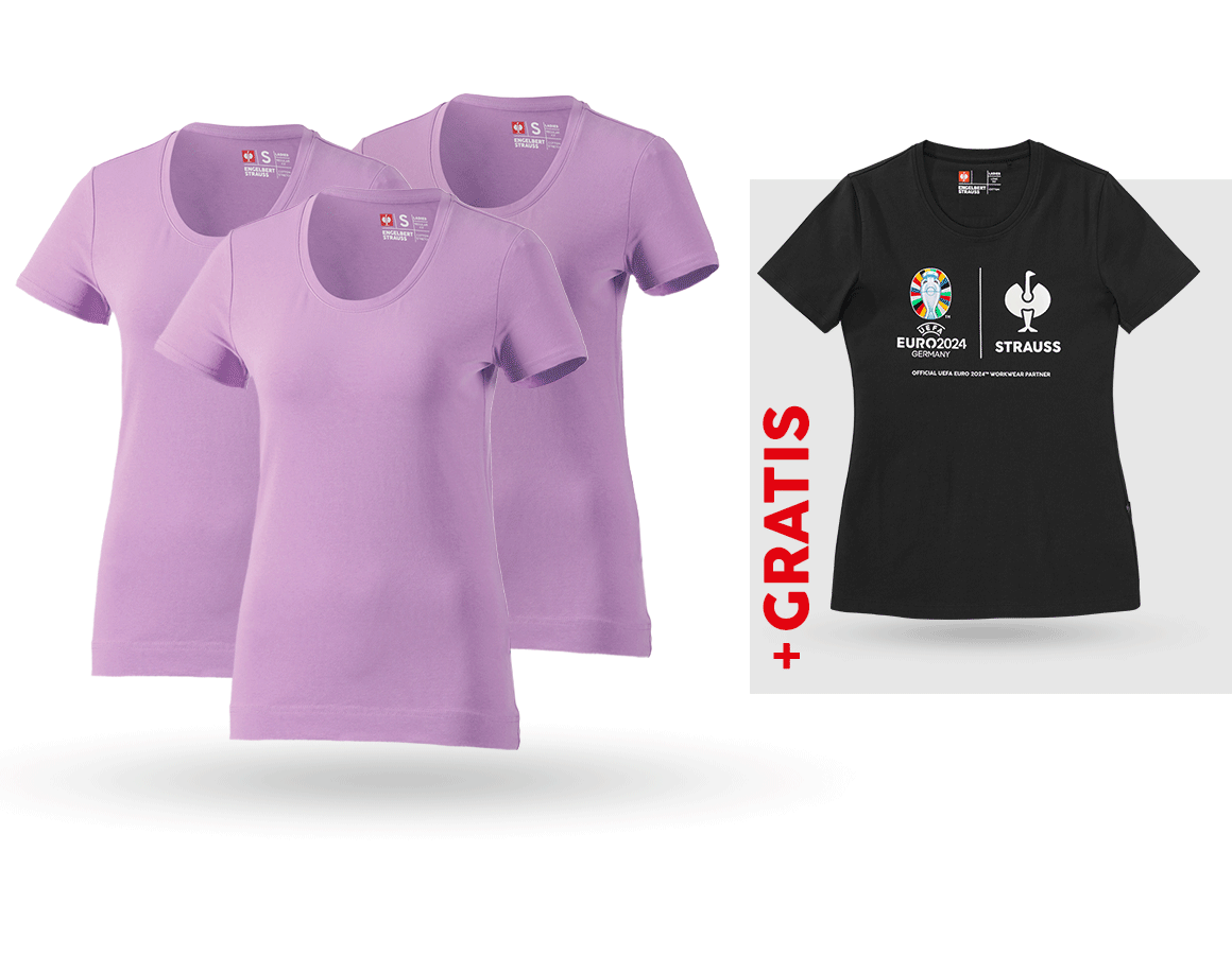 Kleding: SET: 3x dames-T-shirt cotton stretch + shirt + lavendel