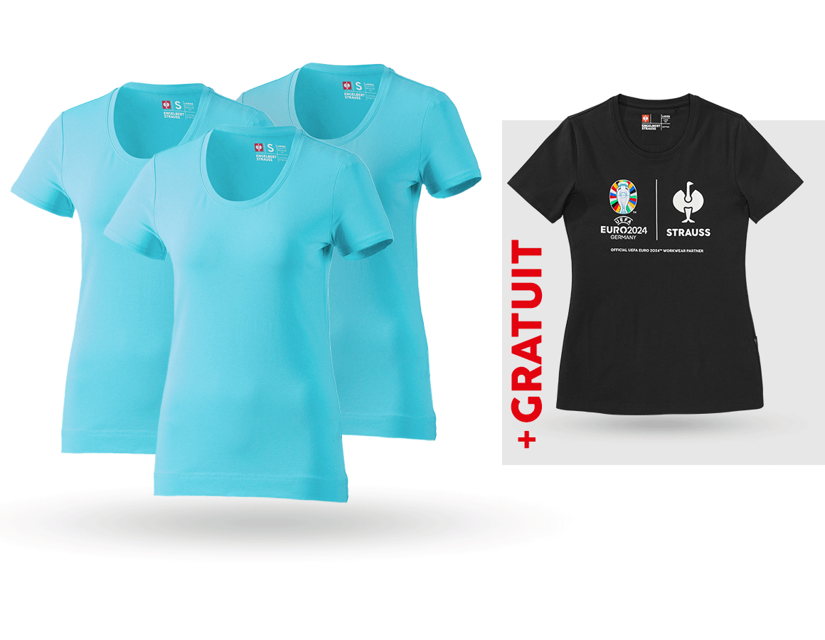 Vêtements: KIT : 3x T-shirt cotton stretch, femmes + shirt + bleu capri