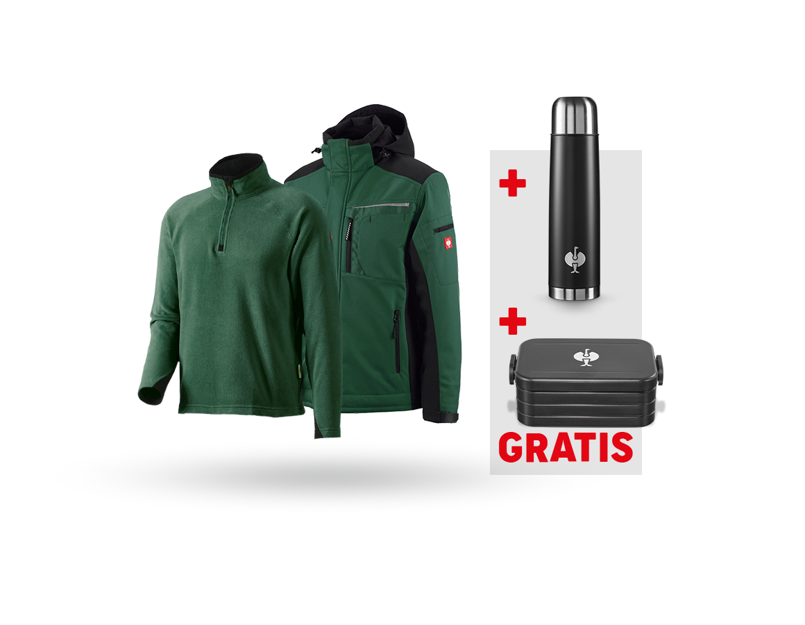 Kleding: SET: Softshelljack e.s.motion + schipperstrui + groen/zwart