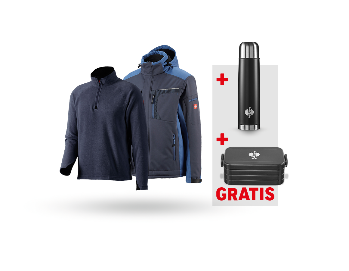 Kleding: SET: Softshelljack e.s.motion + schipperstrui + pacific/kobalt