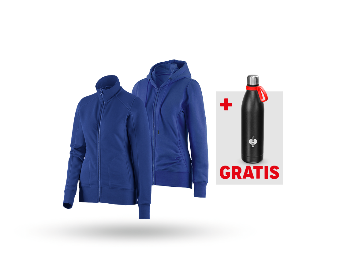 Kleding: SET: Sweatjack + hoody-sweatjack, dames + korenblauw