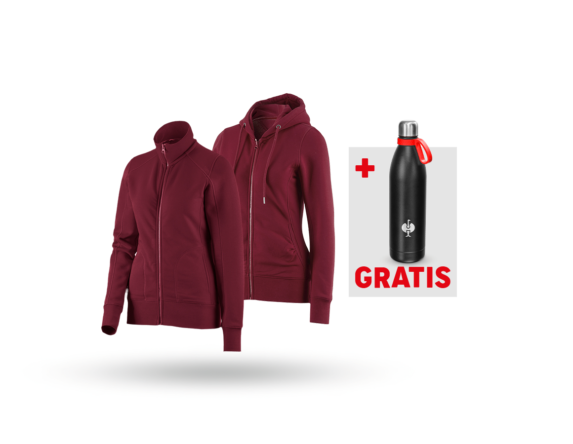 Kleding: SET: Sweatjack + hoody-sweatjack, dames + bordeaux