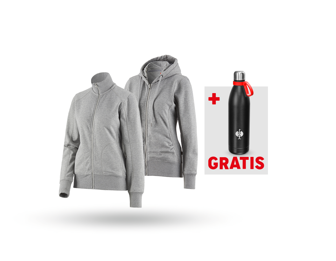 Bekleidung: SET: Sweatjacke + Hoody-Sweatjacke, Damen + graumeliert