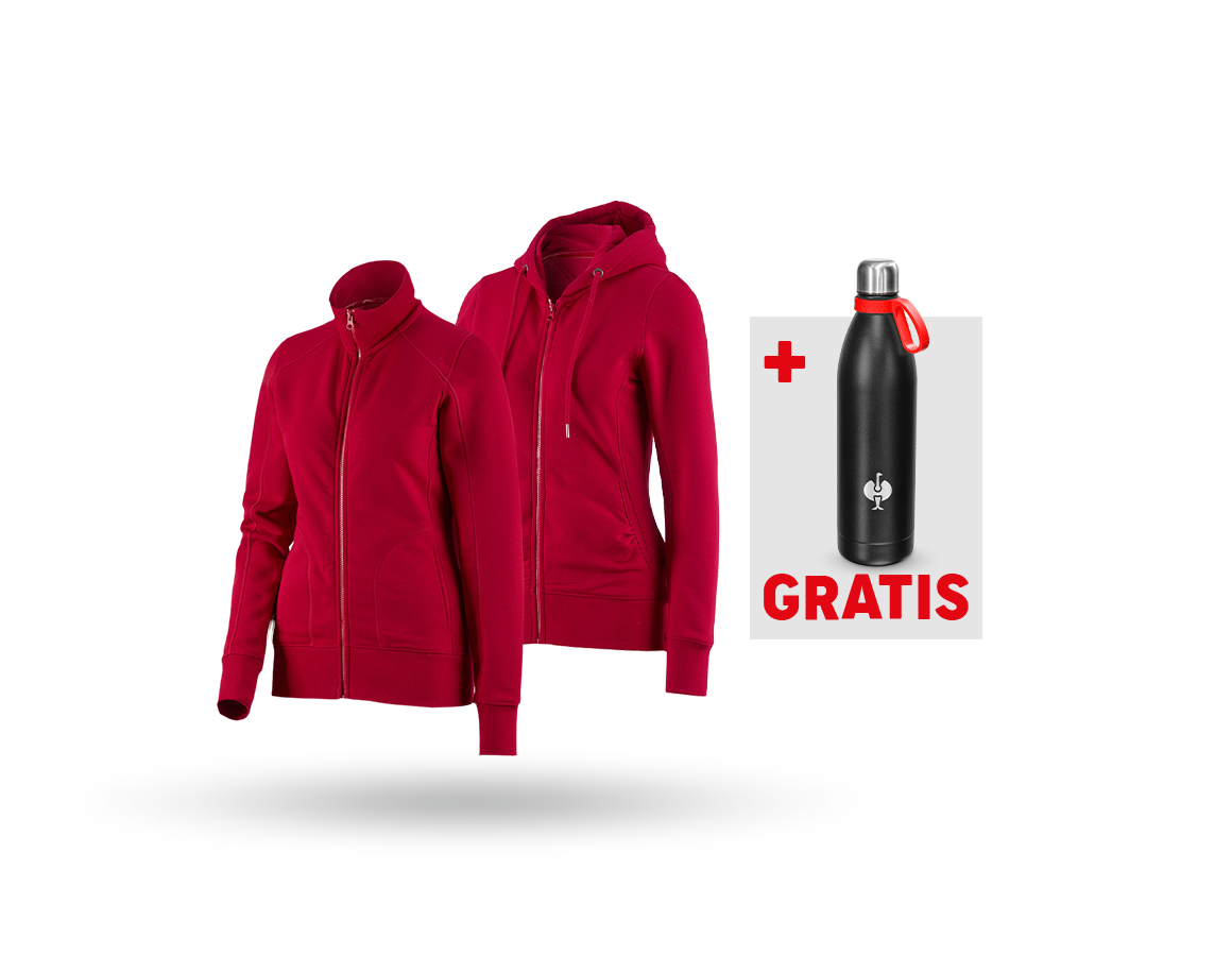 Bekleidung: SET: Sweatjacke + Hoody-Sweatjacke, Damen + feuerrot