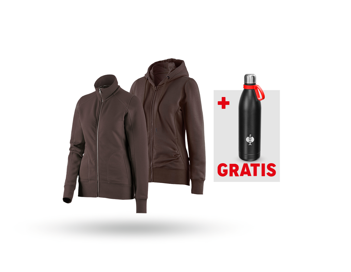 Bekleidung: SET: Sweatjacke + Hoody-Sweatjacke, Damen + kastanie