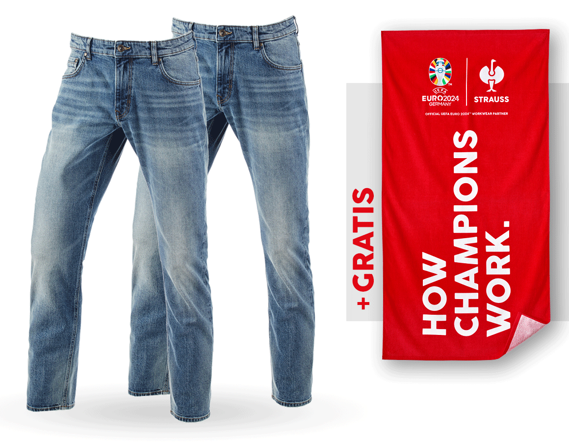 Samenwerkingen: SET: 2x 5-pocket-stretch-jeans, straight+handdoek + stonewashed