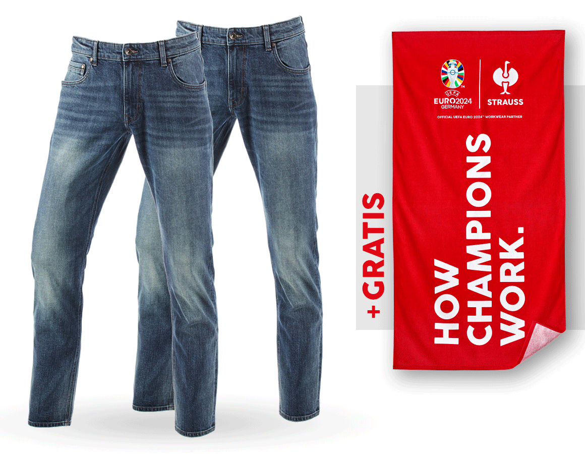 Bekleidung: SET: 2x 5-Pocket-Stretch-Jeans, straight +Badetuch + mediumwashed