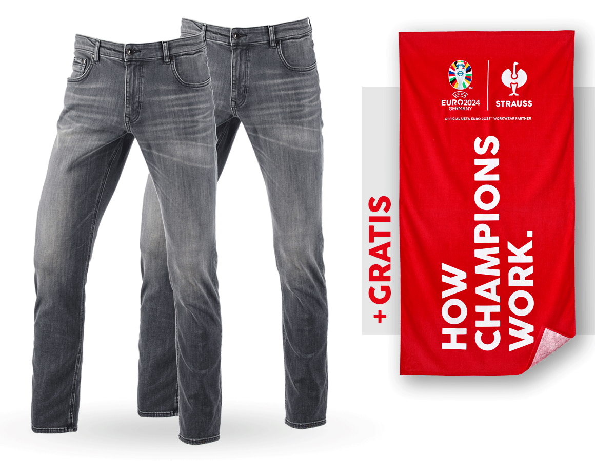 Kleding: SET: 2x 5-pocket-stretch-jeans, straight+handdoek + graphitewashed