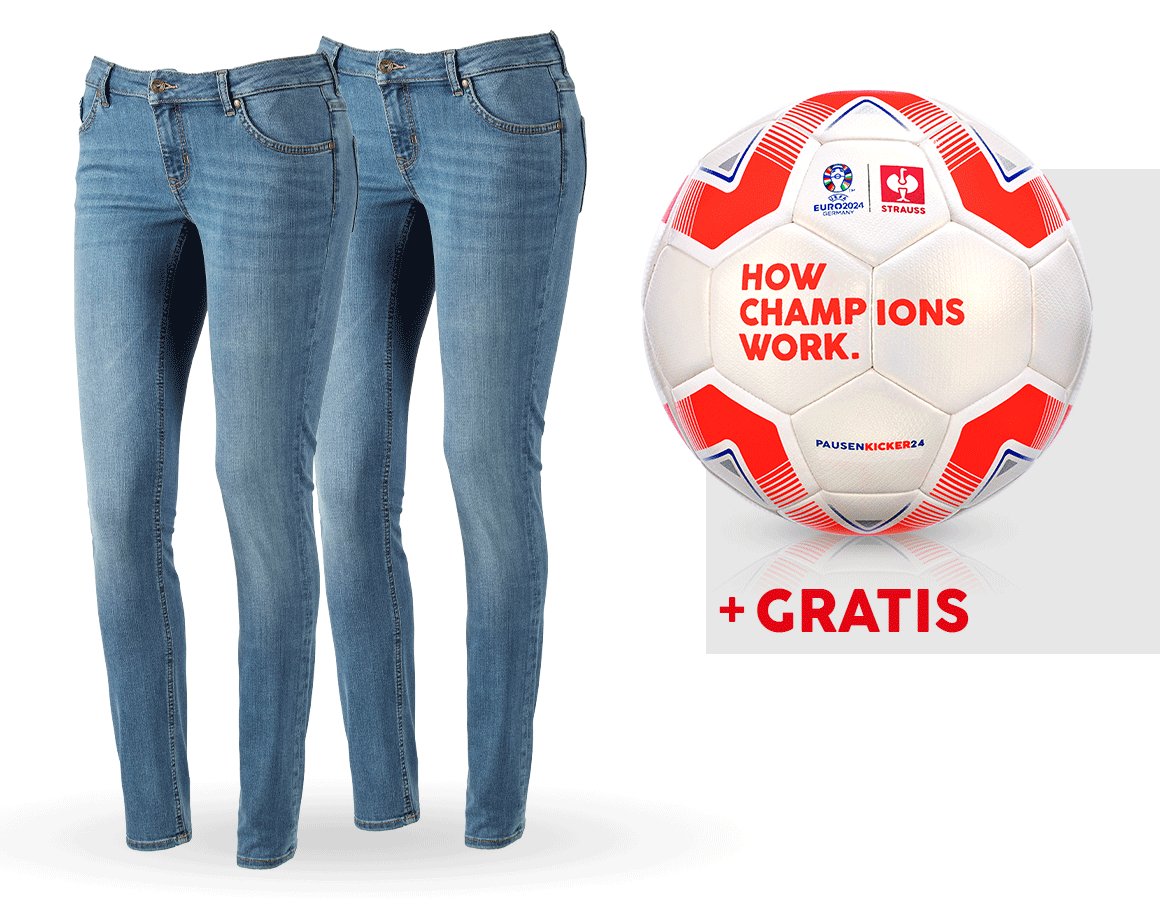 Kleding: SET: 2x 5-pocket-stretch- jeans, dames + voetbal + stonewashed