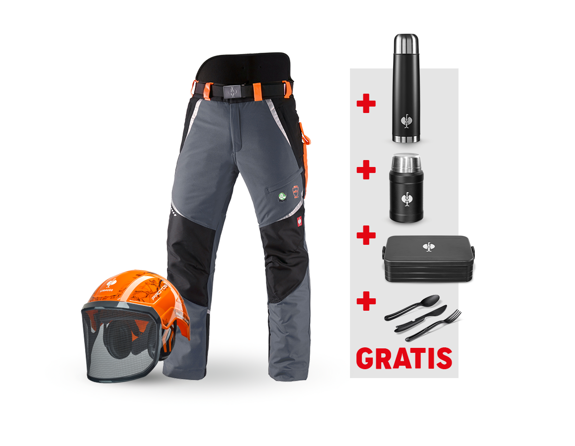 Kleding: SET: e.s. bosbouwwerkbroek KWF + helm + grijs/signaaloranje