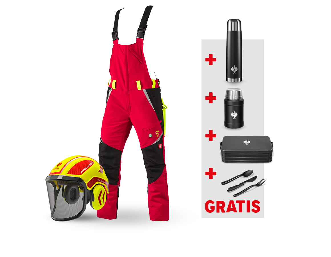 Kleding: SET: e.s. Bosbouwwerkbroek KWF + helm + rood/signaalgeel