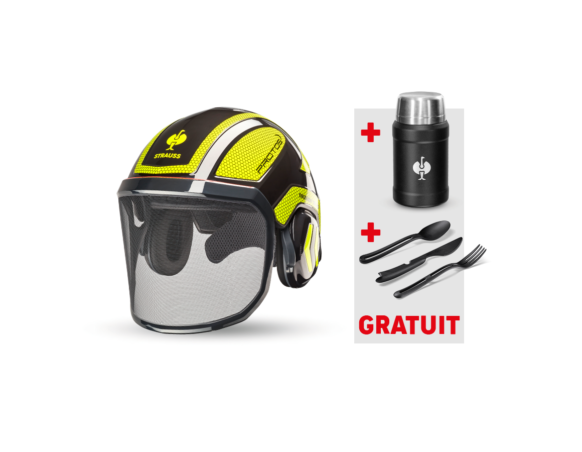 Sécurité au travail: e.s.Casque de forest. Protos®+boîte à repas+couve. + noir/jaune fluo