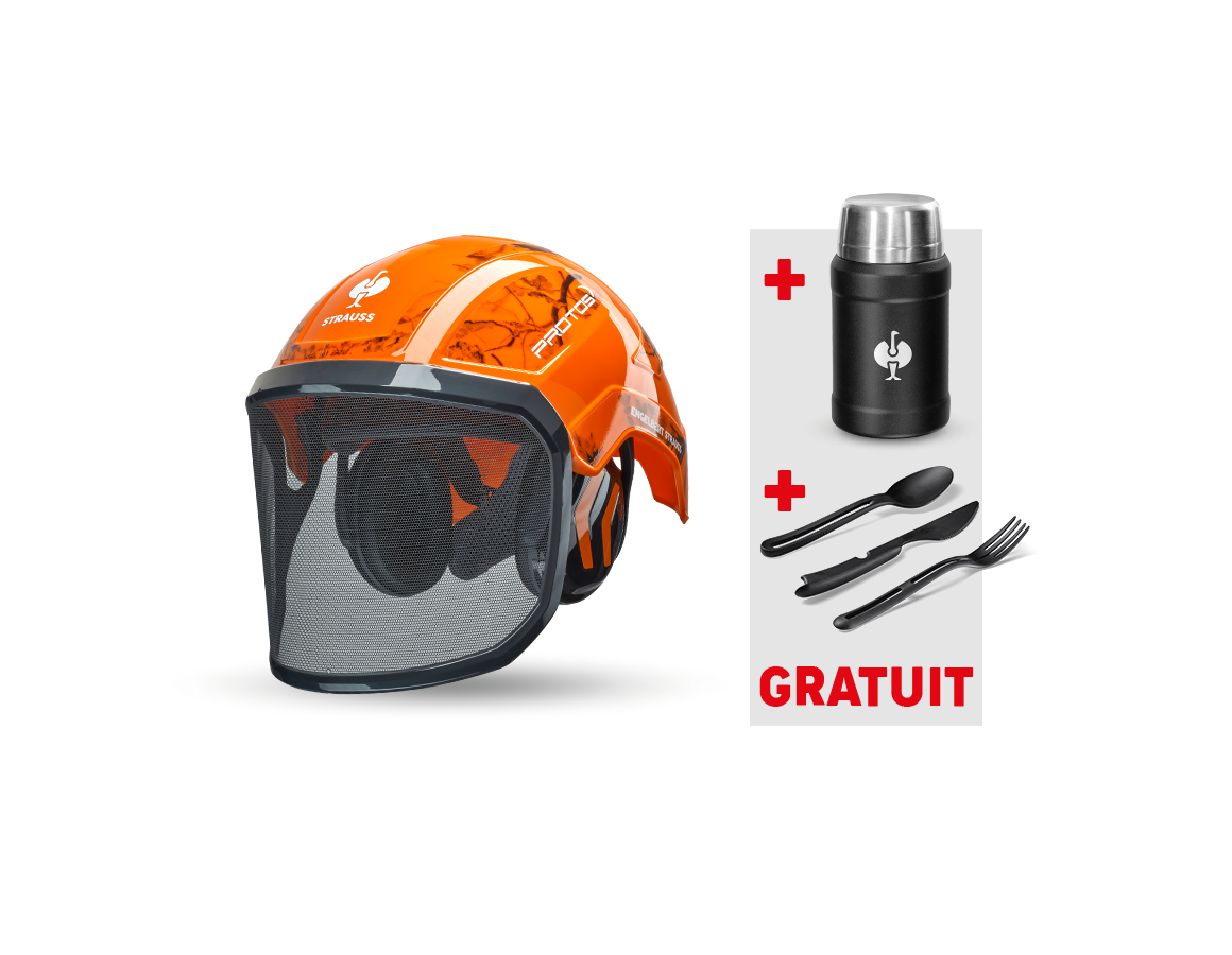 Sécurité au travail: e.s.Casque de forest. Protos®+boîte à repas+couve. + orange fluo woodprint