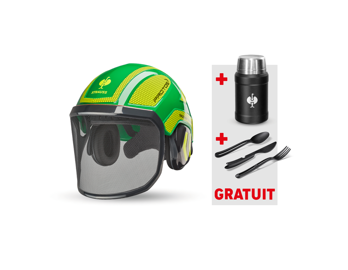 Sécurité au travail: e.s.Casque de forest. Protos®+boîte à repas+couve. + vert/jaune fluo