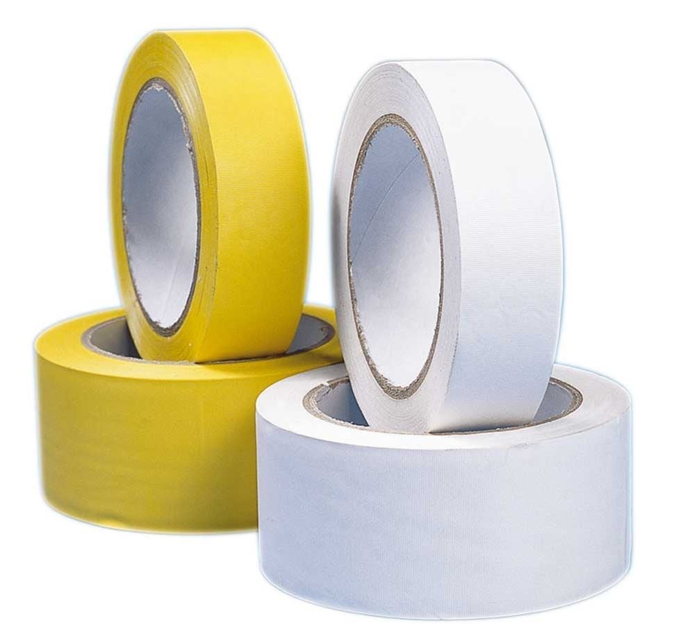 Kunststofbanden| crêpe afplakband: Kunststof-plakband, geel en wit + geel