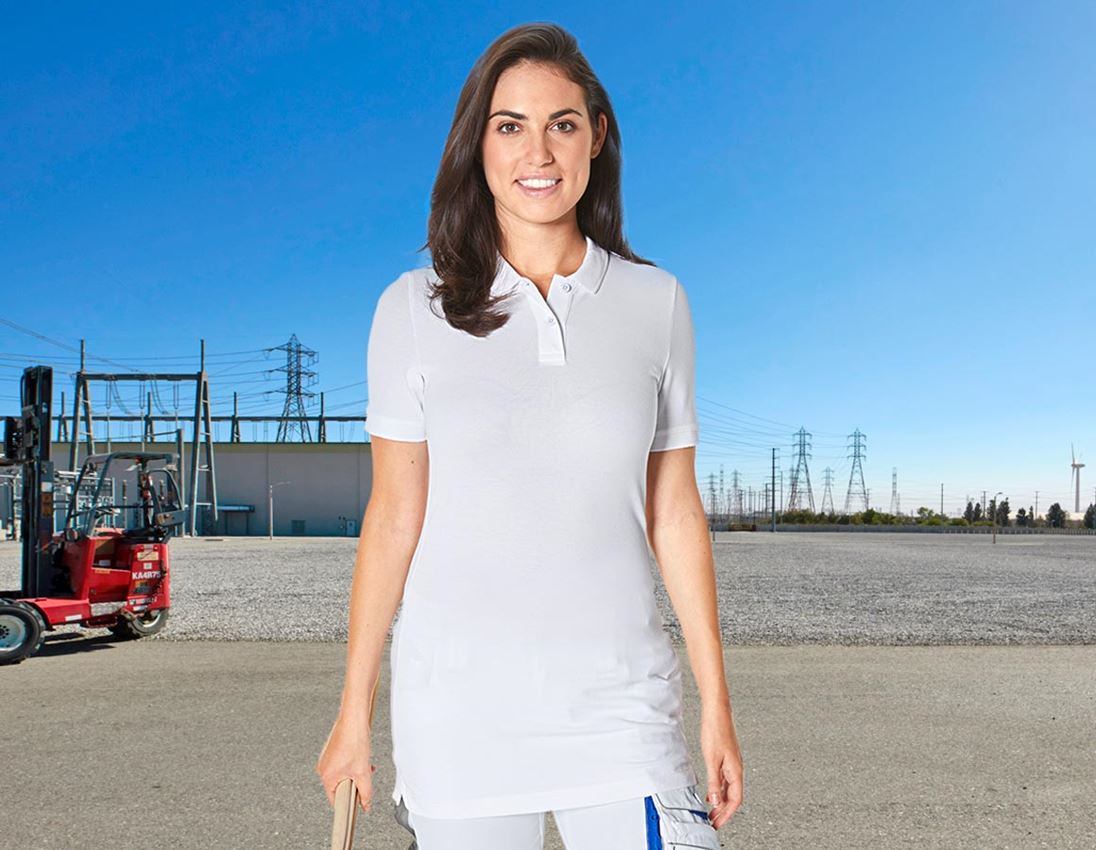 Shirts & Co.: e.s. Piqué-Polo cotton stretch, Damen, long fit + weiß