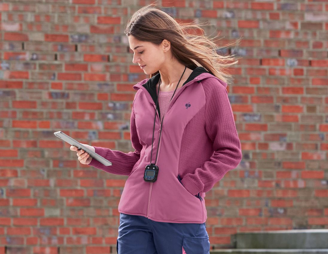 Vestes de travail: Veste en tricot à capuche hybride e.s.trail,femmes + rose tara/bleu profond
