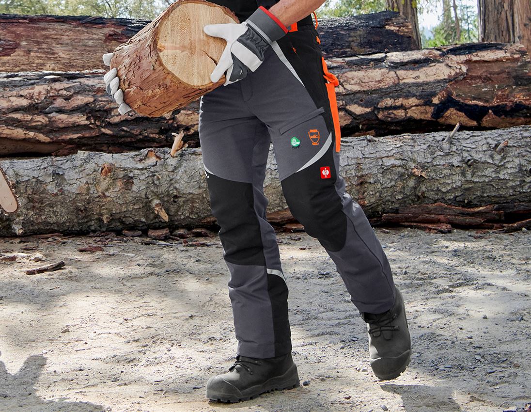 Werkbroeken: e.s. Bosbouwwerkbroek met snijbescherming, KWF + grijs/signaaloranje