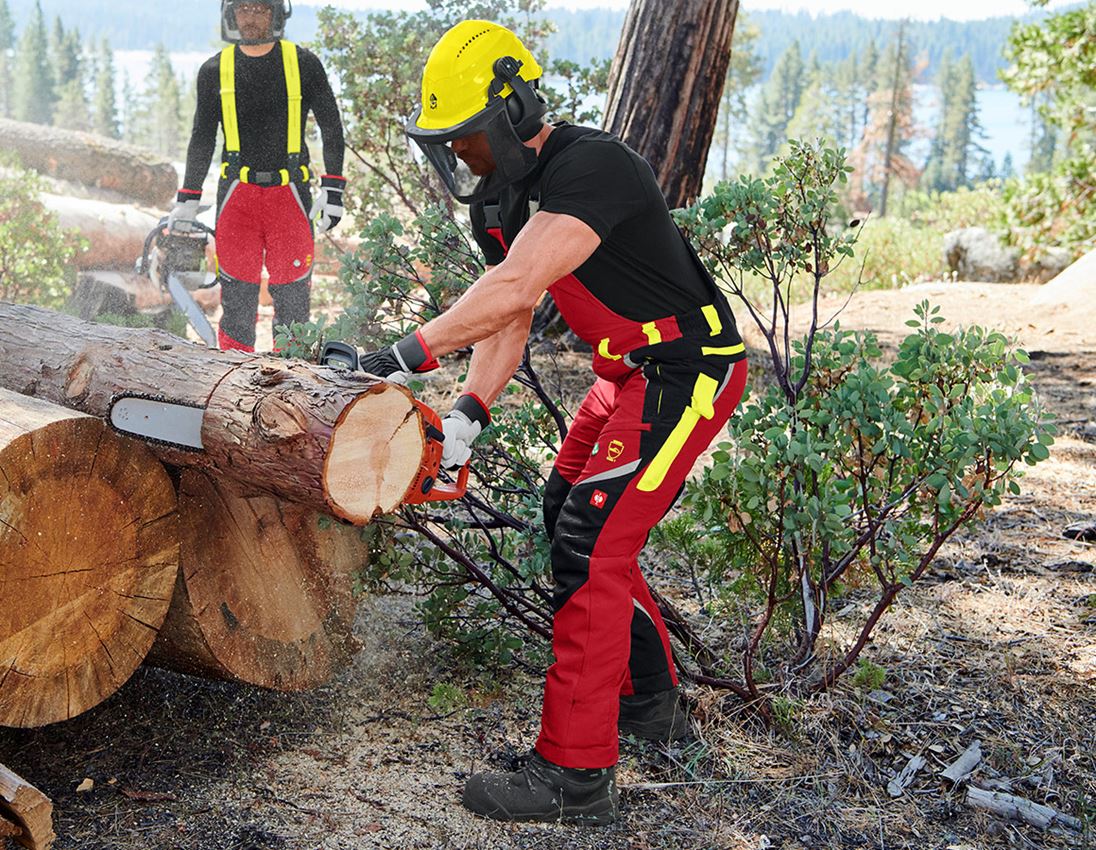 Bosbouw- / Zaagkleding: e.s. Bosbouwwerkbroek met snijbescherming, KWF + rood/signaalgeel 1