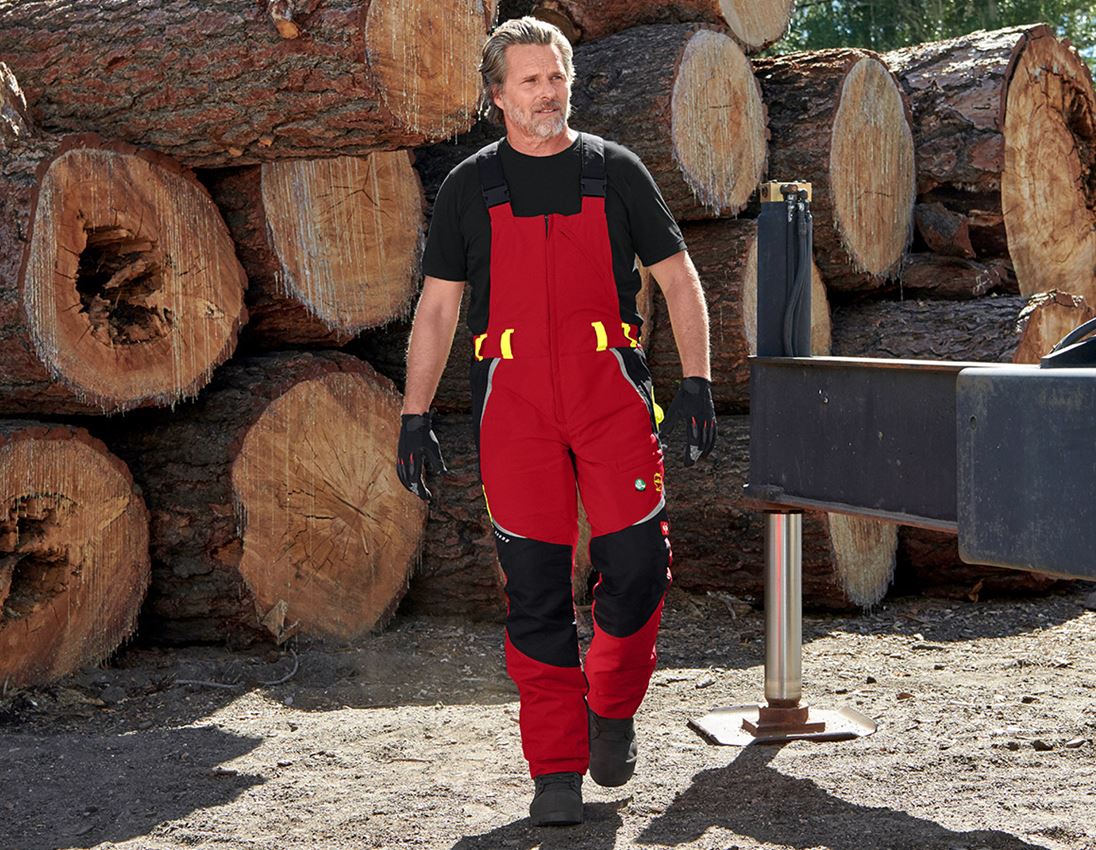 Werkbroeken: e.s. Bosbouwwerkbroek met snijbescherming, KWF + rood/signaalgeel
