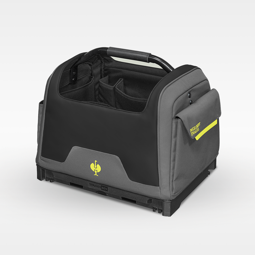Système STRAUSSbox: Set d'outils + sac STRAUSSbox ouvert + gris basalte/jaune acide 2