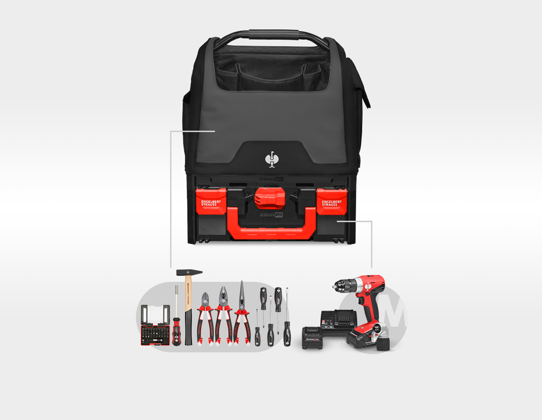 Werkzeuge: Multi Bohrschrauber-Set + STRAUSSbox Tasche offen + schwarz