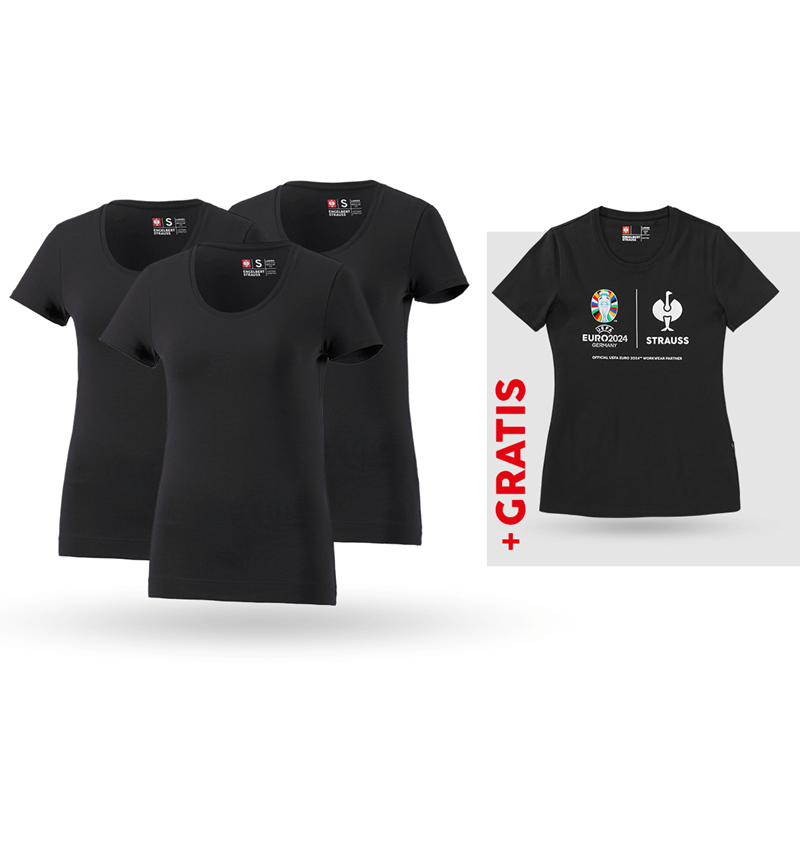 Kollaborationen: SET: 3x T-Shirt cotton stretch, Damen + Shirt + schwarz