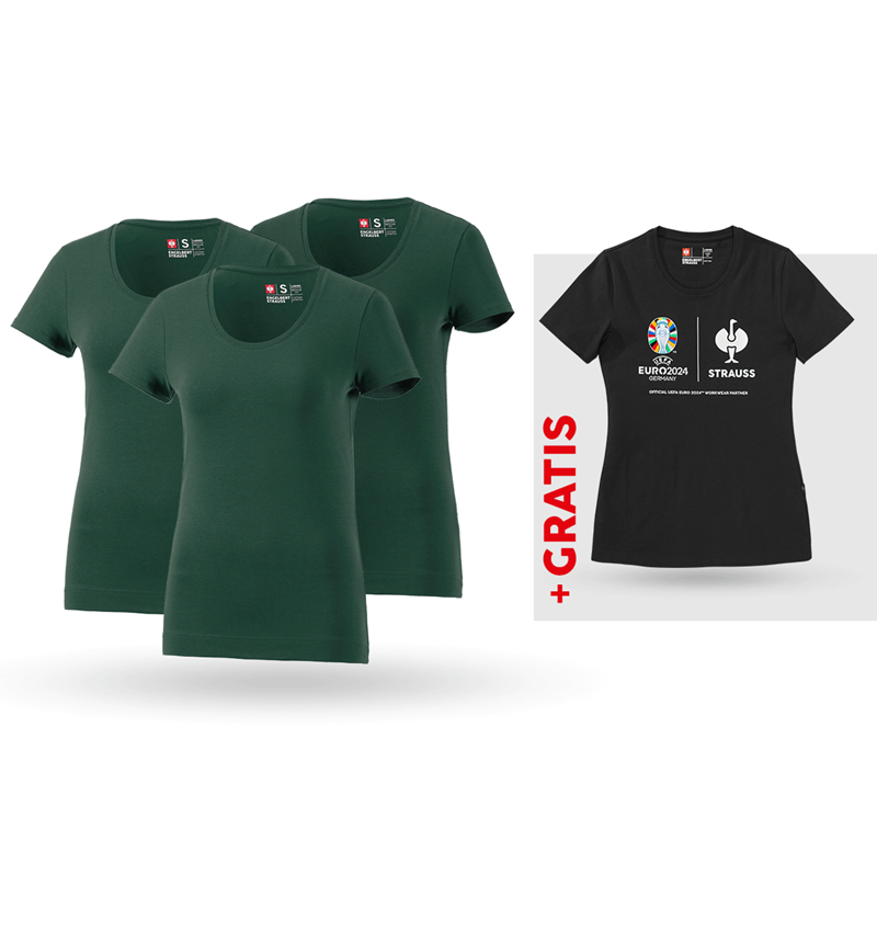 Kleding: SET: 3x dames-T-shirt cotton stretch + shirt + groen