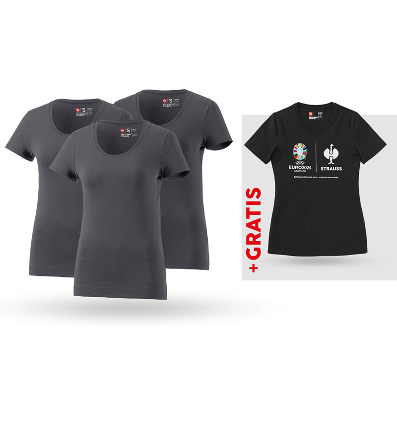 Kleding: SET: 3x dames-T-shirt cotton stretch + shirt + antraciet