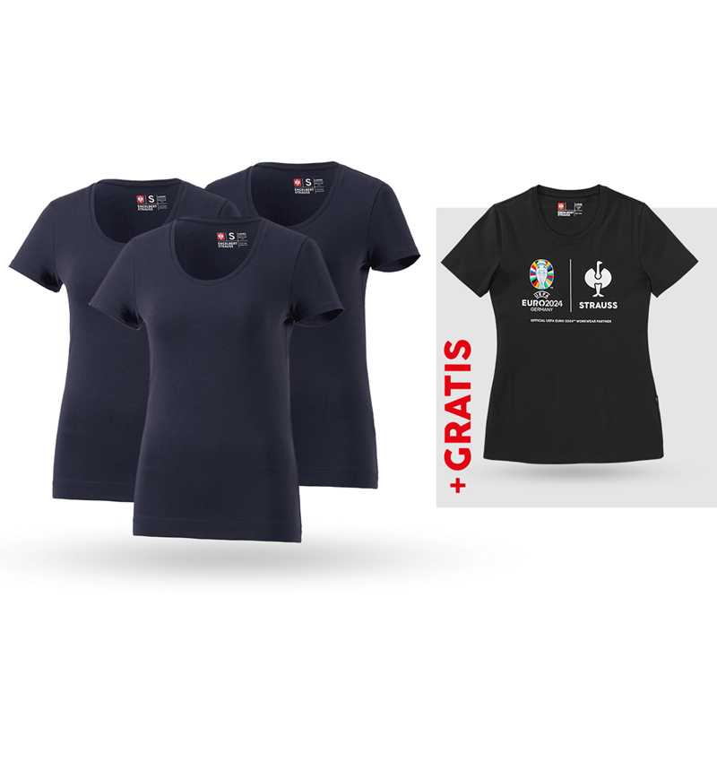 Kleding: SET: 3x dames-T-shirt cotton stretch + shirt + donkerblauw