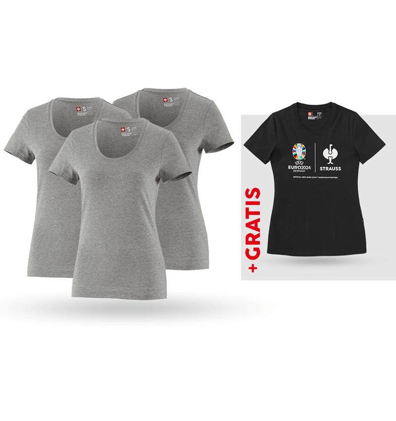 Kleding: SET: 3x dames-T-shirt cotton stretch + shirt + grijs mêlee