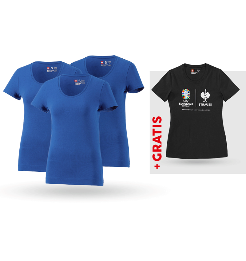 Kleding: SET: 3x dames-T-shirt cotton stretch + shirt + gentiaanblauw