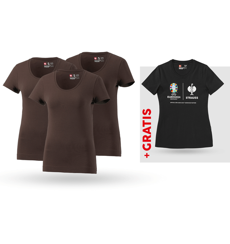 Kleding: SET: 3x dames-T-shirt cotton stretch + shirt + kastanje