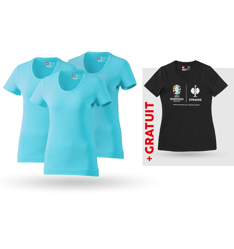 Vêtements: KIT : 3x T-shirt cotton stretch, femmes + shirt + bleu capri