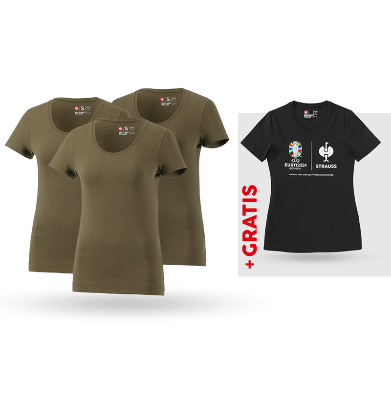 Kleding: SET: 3x dames-T-shirt cotton stretch + shirt + moddergroen