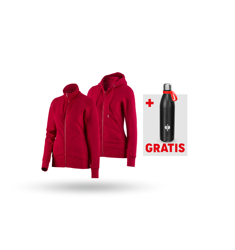 Bekleidung: SET: Sweatjacke + Hoody-Sweatjacke, Damen + feuerrot