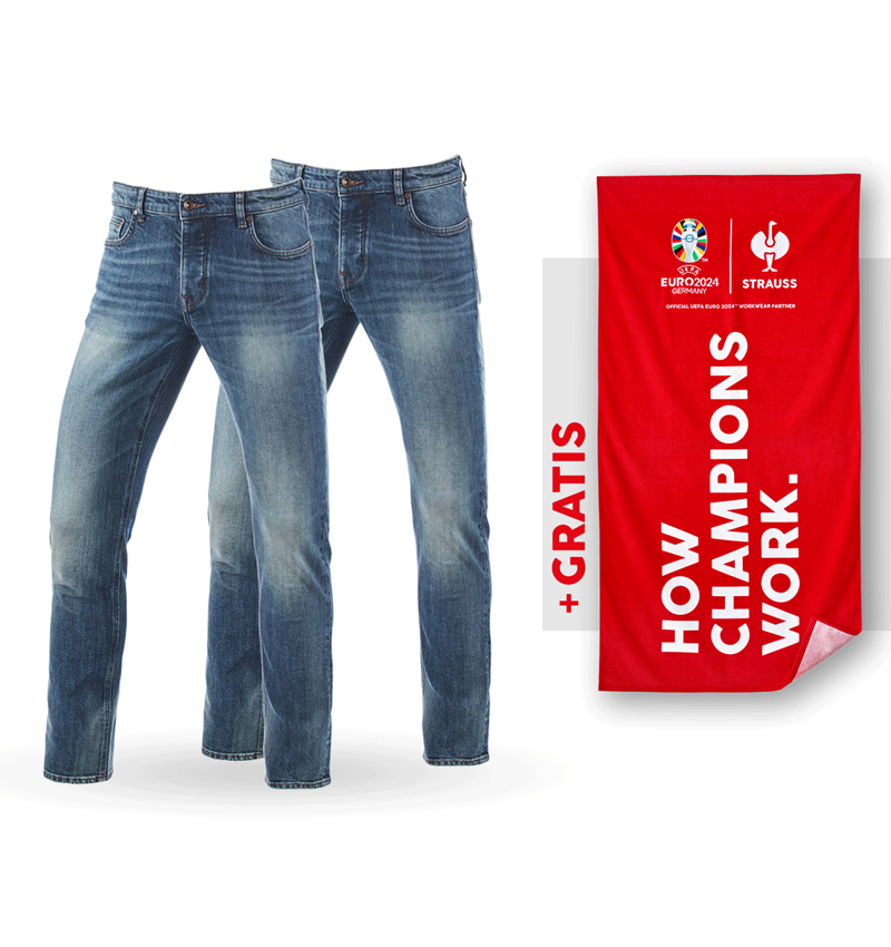 Samenwerkingen: SET: 2x e.s. 5-pocket-stretch-jeans,slim+handdoek + mediumwashed