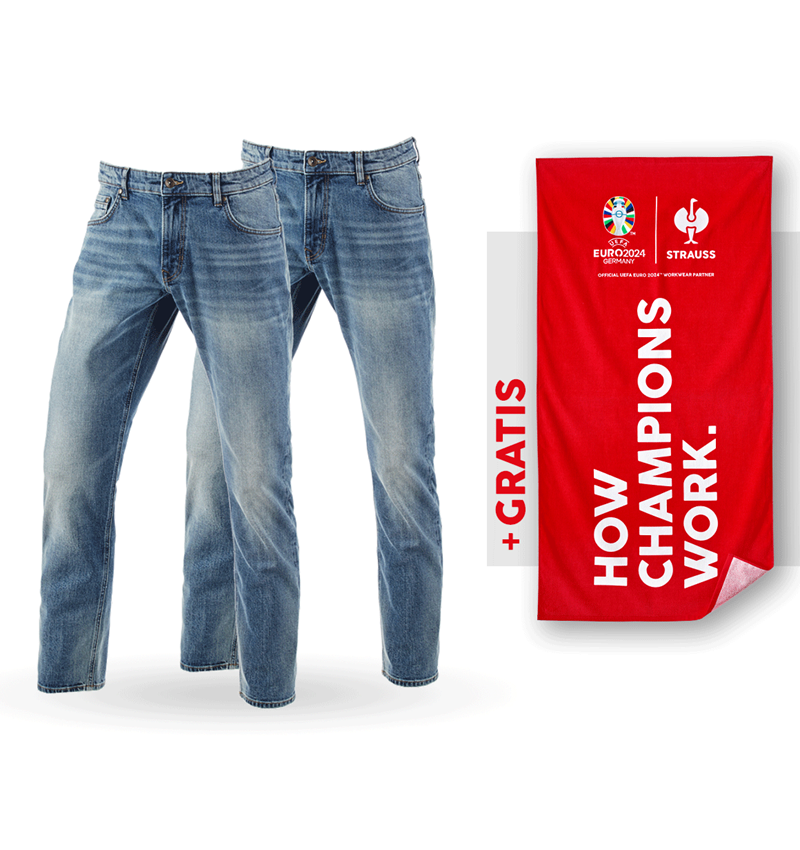 Samenwerkingen: SET: 2x 5-pocket-stretch-jeans, straight+handdoek + stonewashed