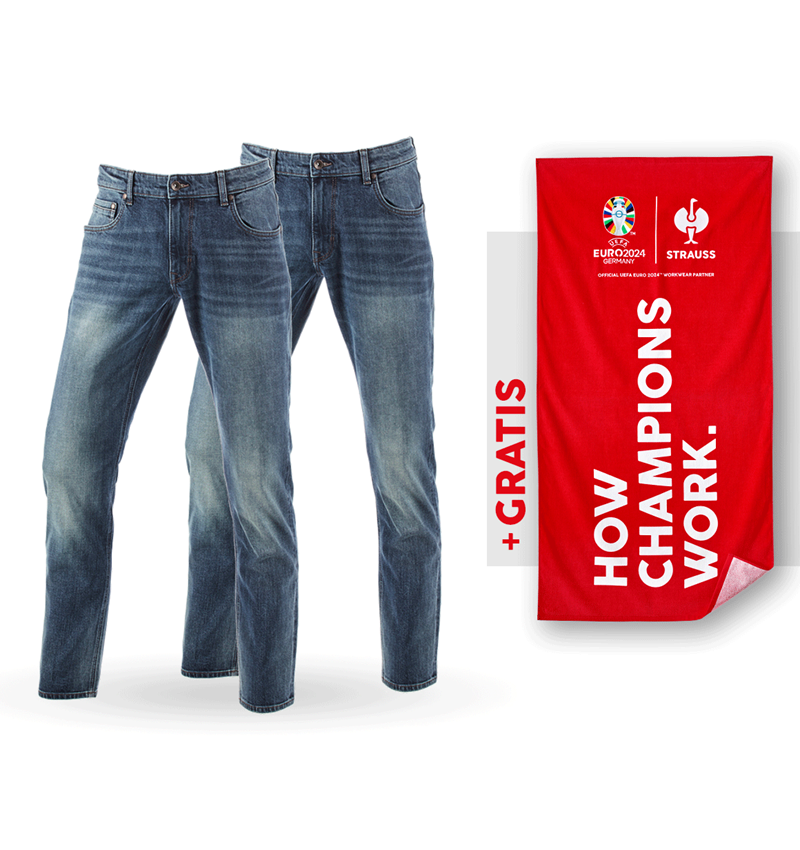 Kollaborationen: SET: 2x 5-Pocket-Stretch-Jeans, straight +Badetuch + mediumwashed