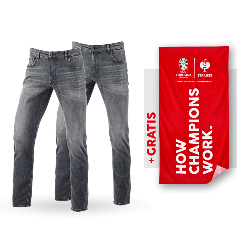 Bekleidung: SET: 2x 5-Pocket-Stretch-Jeans, straight +Badetuch + graphitewashed