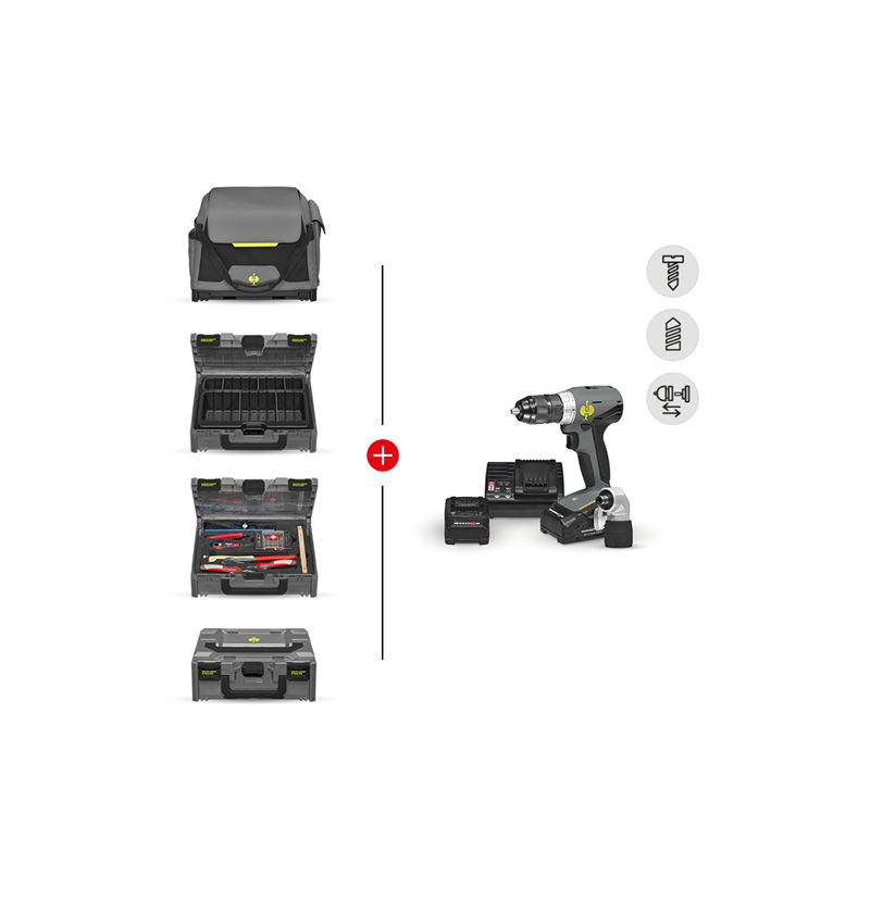 Elektrowerkzeuge: Werkzeug-Set + Multi Bohrschrauber + STRAUSSbox + basaltgrau/acidgelb