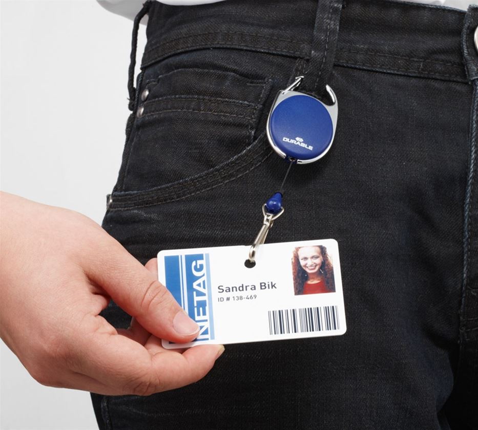 Produits en papier: Porte-badge yo-yo DURABLE avec enrouleur + bleu foncé