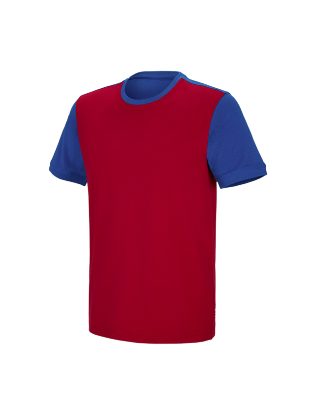 Bovenkleding: e.s. T-shirt cotton stretch bicolor + vuurrood/korenblauw